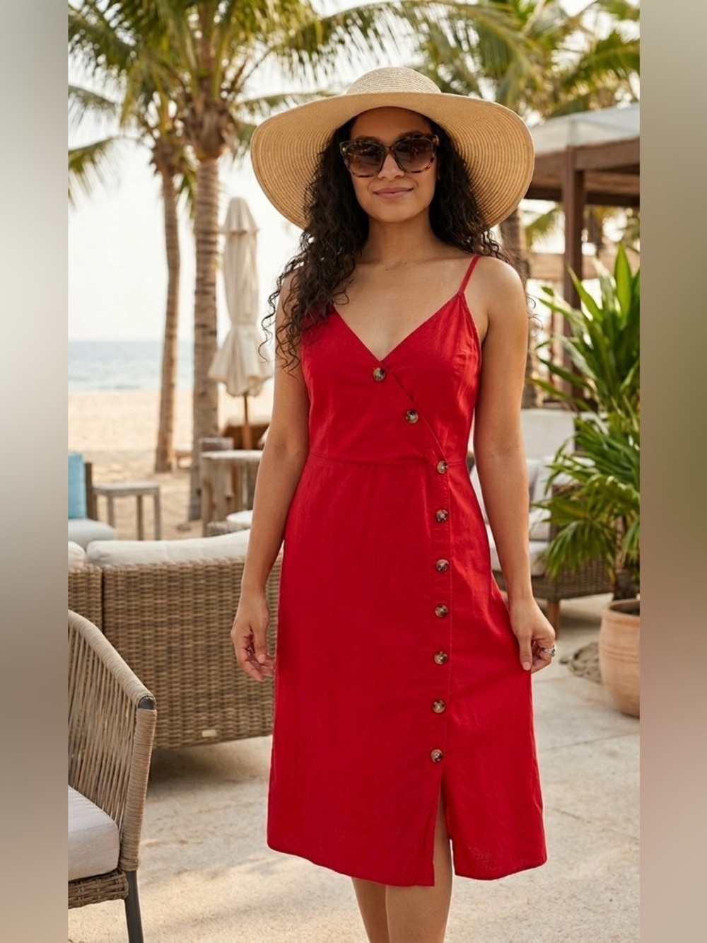 Express Red Wrap Midi Dress Button Detail Spaghetti Strap Size M